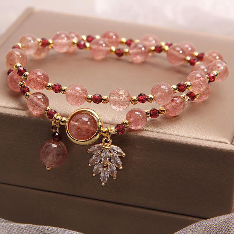 Wear FengShui Natural Strawberry Quartz Love Healing Maple Leaf Charm Double Wrap Bracelet