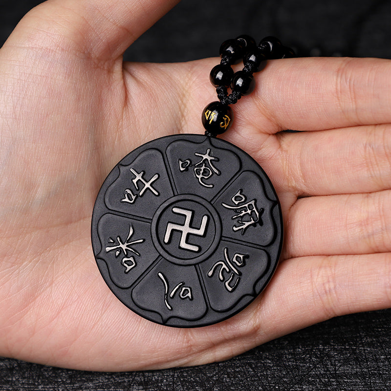 Wear FengShui Natural Black Obsidian Tibetan Om Mani Padme Hum Buddha Swastika Luck Necklace Pendant