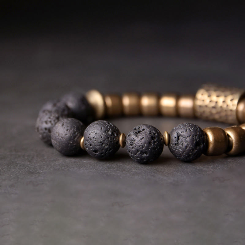 Wear FengShui Lava Rock Stone Rainbow Obsidian Brass Support Healing Bracelet