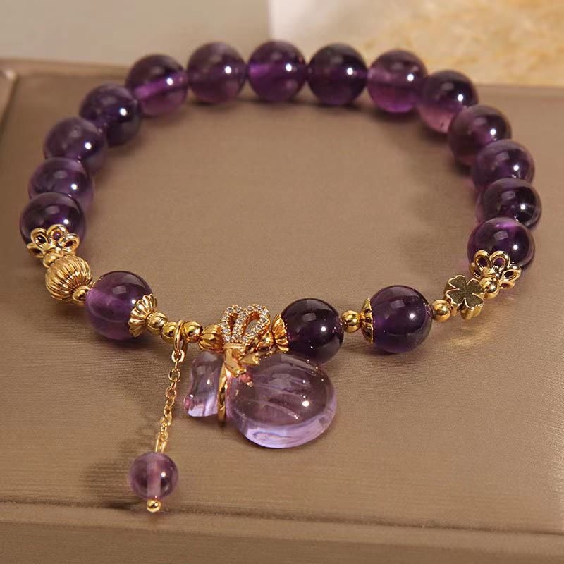 Wear FengShui Natural Amethyst Crystal Money Bag Charm Positive Bracelet