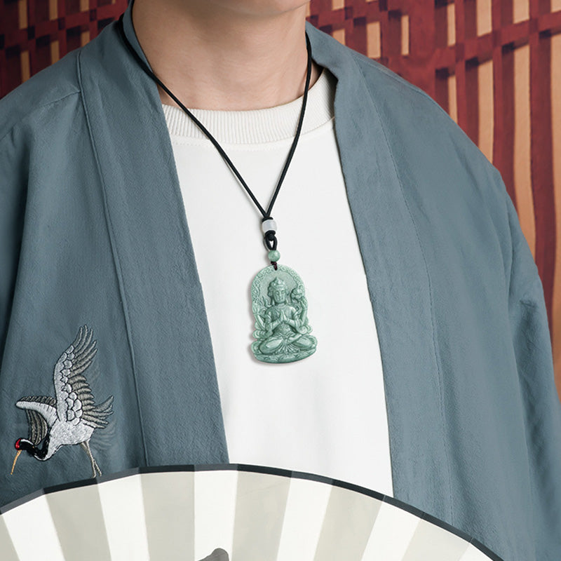 Wear FengShui Four-armed Avalokitesvara Natural Jade Amulet Blessing String Necklace