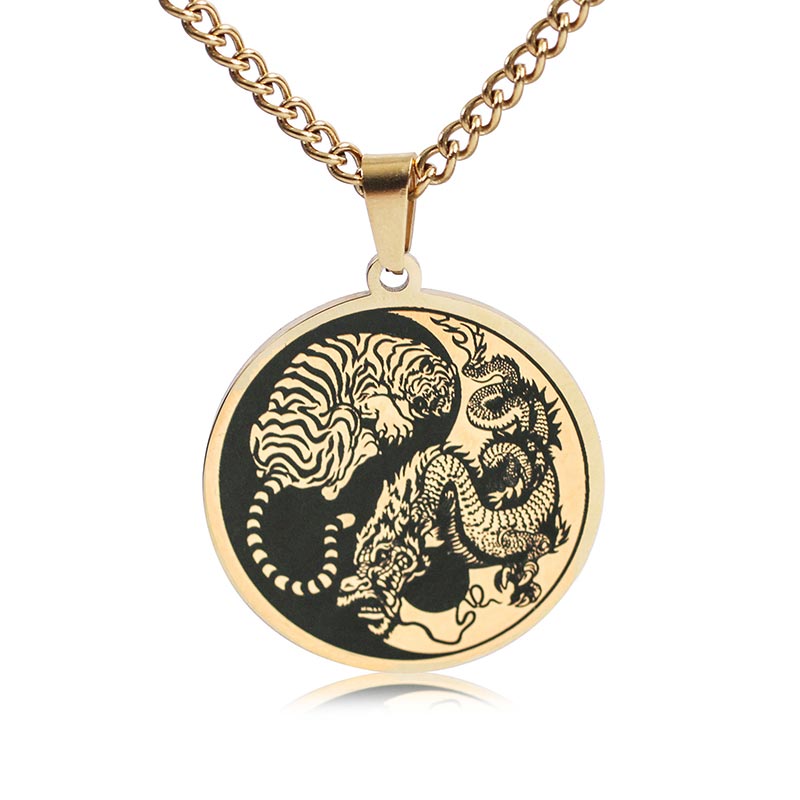 Wear FengShui Tiger Dragon Titanium Steel Chain Necklace Harmony Pendant