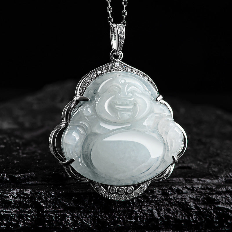 Wear FengShui Laughing Buddha Natural Jade Abundance Titanium Steel Chain Necklace Pendant