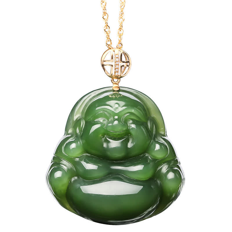 Wear FengShui 925 Sterling Silver Laughing Buddha Hetian Cyan Jade 18K Gold Success Necklace Chain Pendant