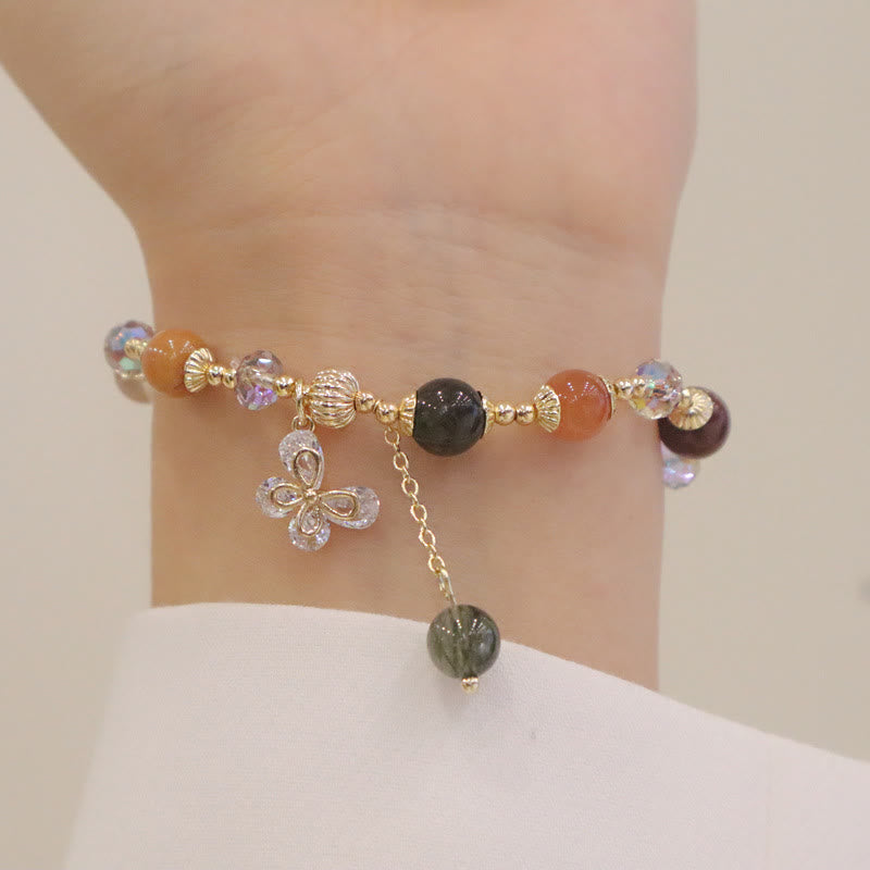 Wear FengShui Natural Fu Lu Shou Rainbow Crystal Rutilated Quartz Wealth Butterfly Charm Bracelet