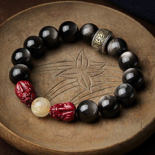 Wear FengShui Gold Sheen Obsidian PiXiu Cinnabar Om Mani Padme Hum Protection Bracelet