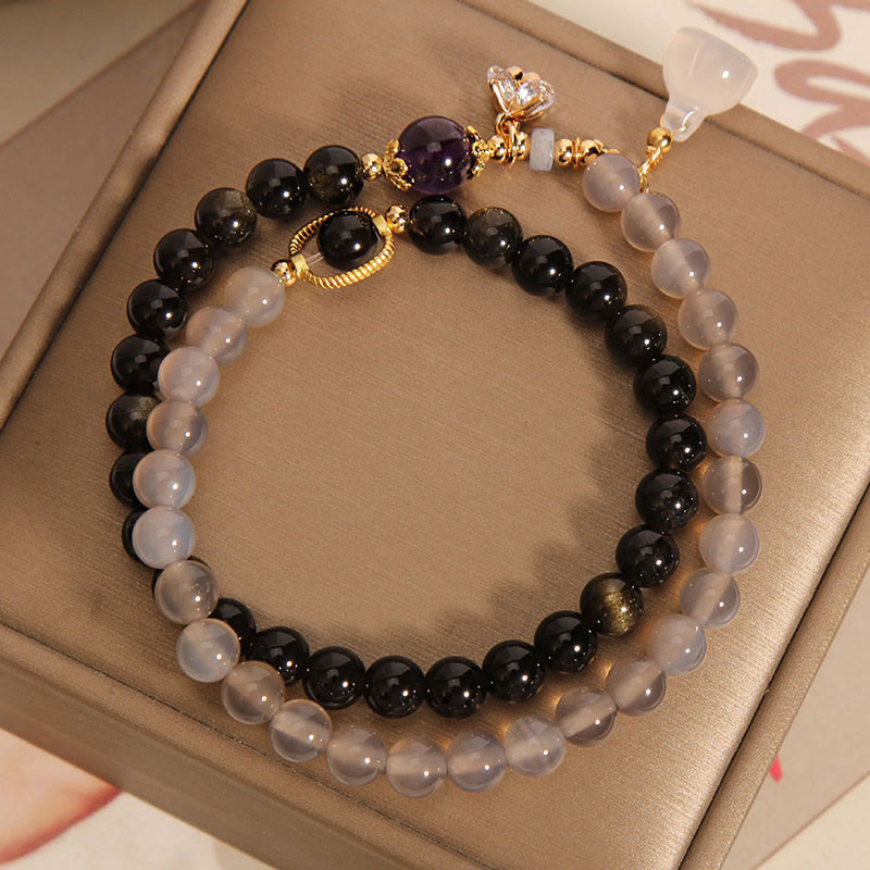 Wear FengShui Gold Sheen Obsidian Gray Agate Lotus Charm Strengthen Double Wrap Bracelet