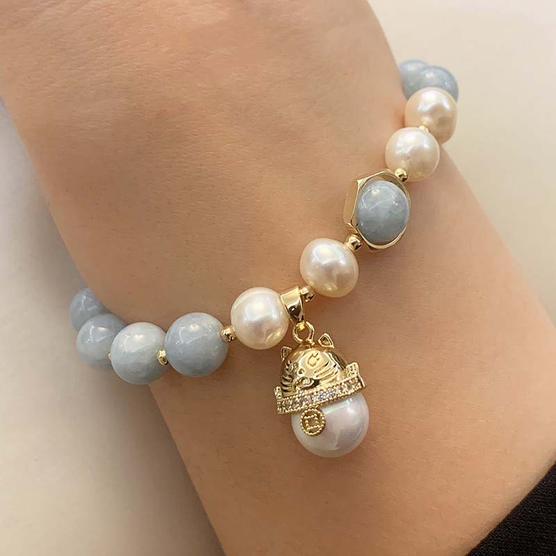 Wear FengShui Aquamarine Pearl Peace Healing Lucky Cat Charm Bracelet