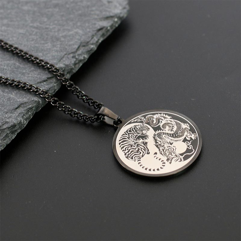 Wear FengShui Tiger Dragon Titanium Steel Chain Necklace Harmony Pendant