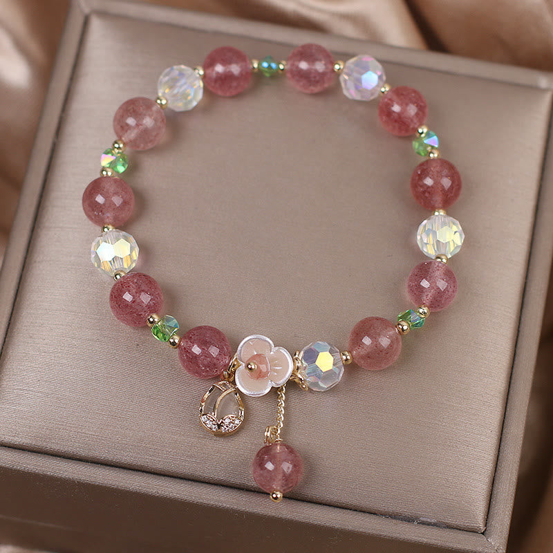 Wear FengShui Strawberry Quartz Rutilated Quartz Fluorite Flower Healing Bracelet