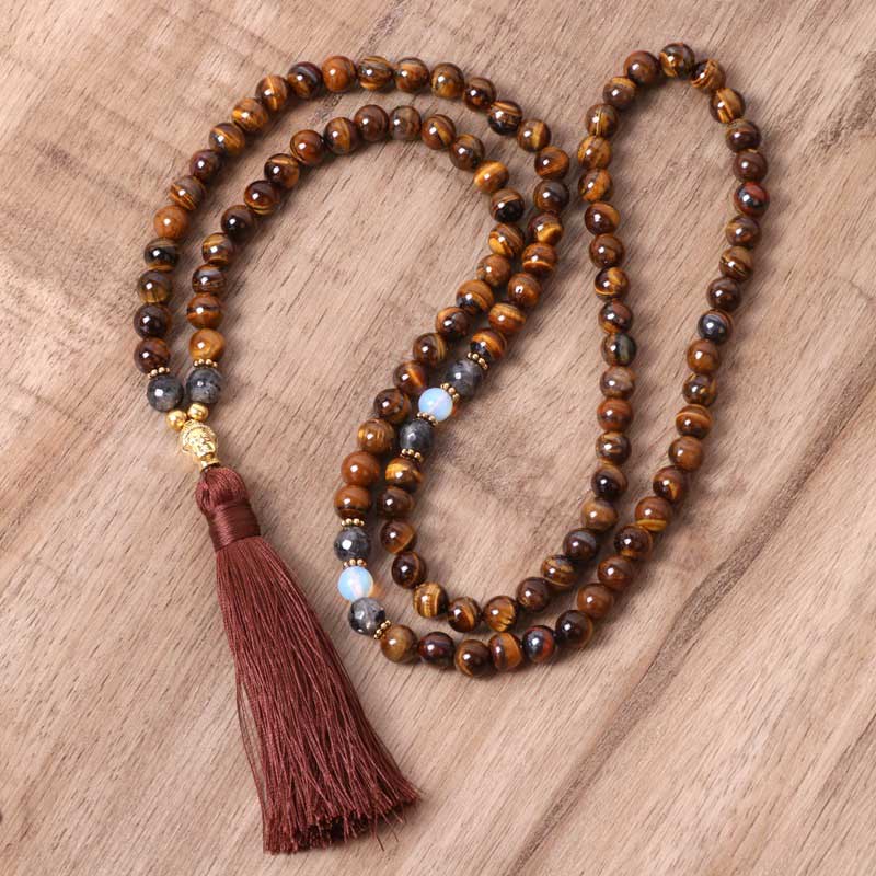 Wear FengShui Tibetan Tiger Eye Buddha Strength Power Beaded Tassel Pendant Necklace