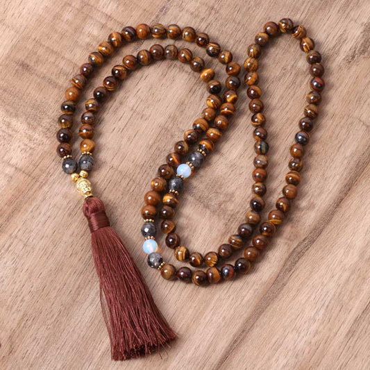 Wear FengShui Tibetan Tiger Eye Buddha Strength Power Beaded Tassel Pendant Necklace