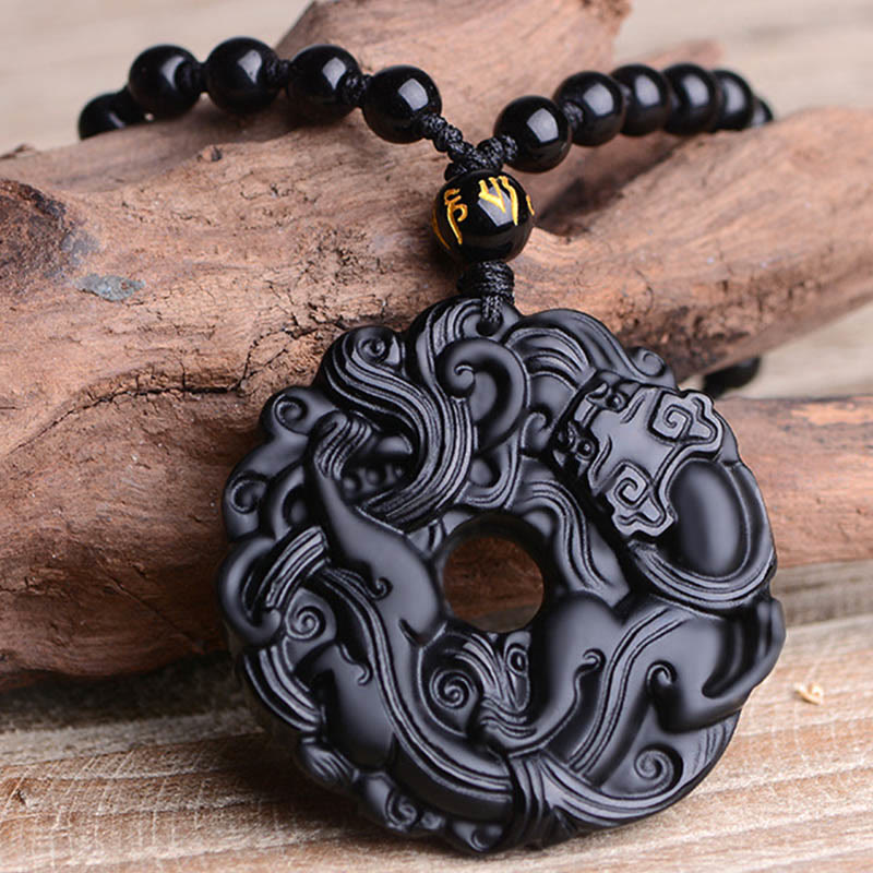 Wear FengShui Natural Black Obsidian Peace Buckle Pixiu Purification Necklace Pendant