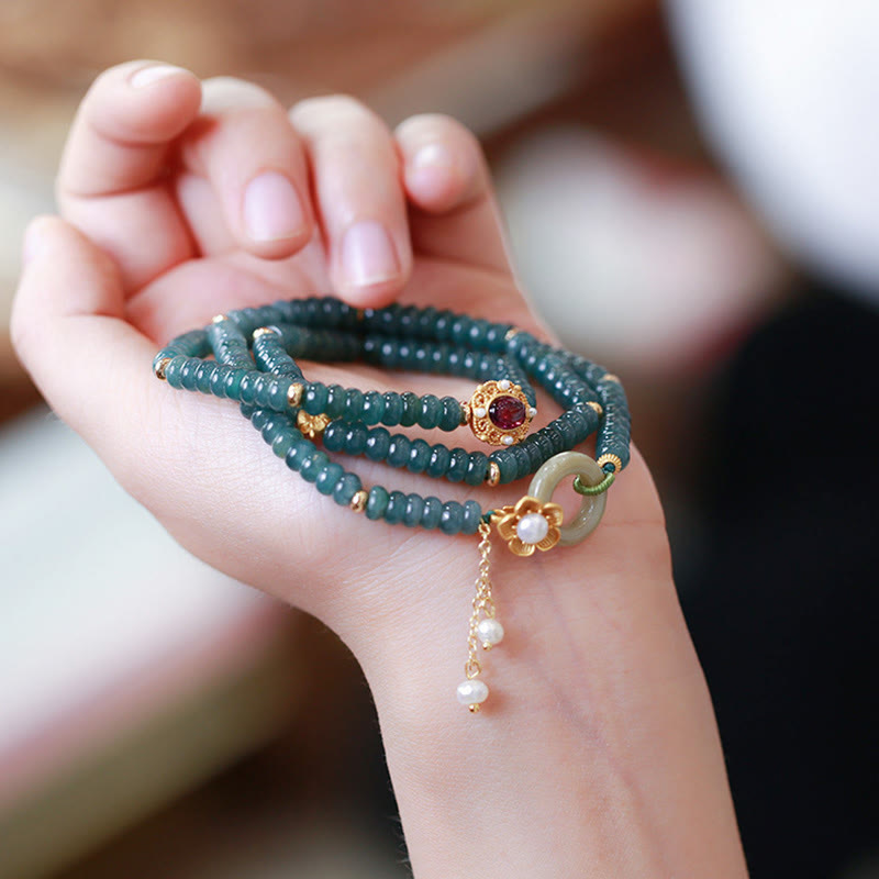 Wear FengShui 925 Sterling Silver Gold Plated Cyan Jade Flower Peace Buckle Success Triple Wrap Bracelet