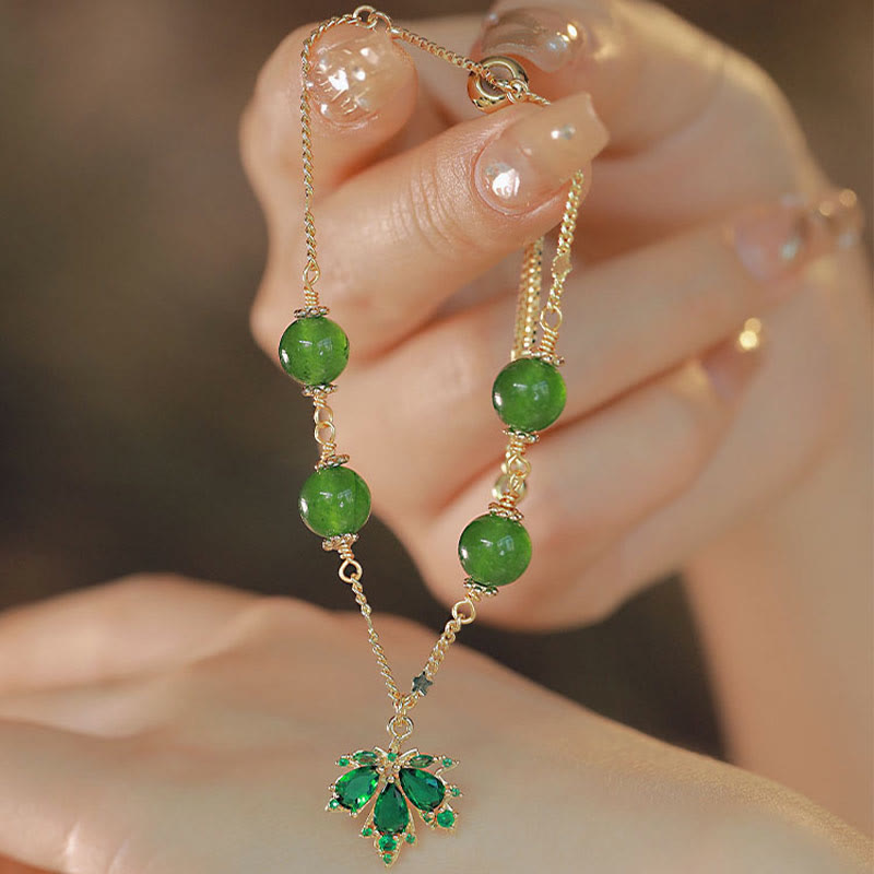 Wear FengShui 14k Gold Plated Green Chalcedony Maple Leaf Courage Strength Bracelet