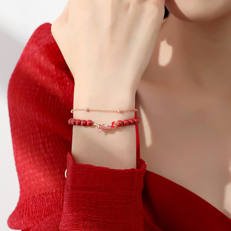 Wear FengShui 925 Sterling Silver Lucky Koi Fish Cinnabar Zircon Prosperity Double Layer Chain Bracelet