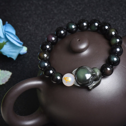 Wear FengShui Natural Rainbow Obsidian Gold Sheen Obsidian Silver Sheen Obsidian Fox Healing Bracelet