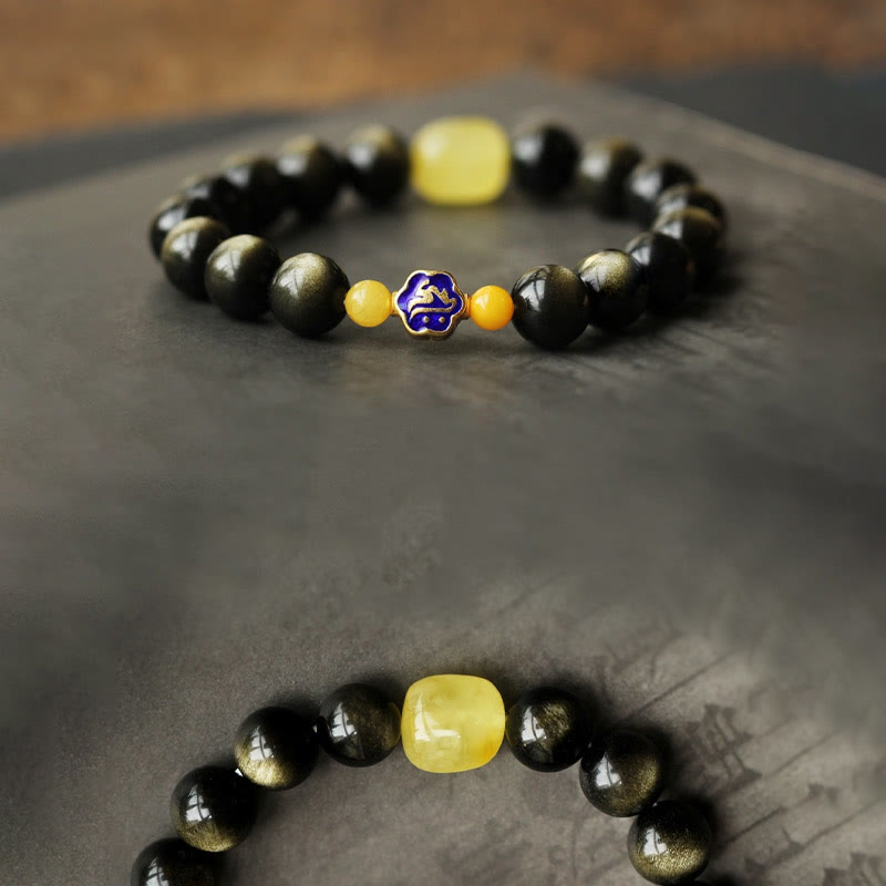 Wear FengShui 925 Sterling Silver Chinese Zodiac Natal Buddha Natural Gold Sheen Obsidian Amber Wealth Protection Bracelet