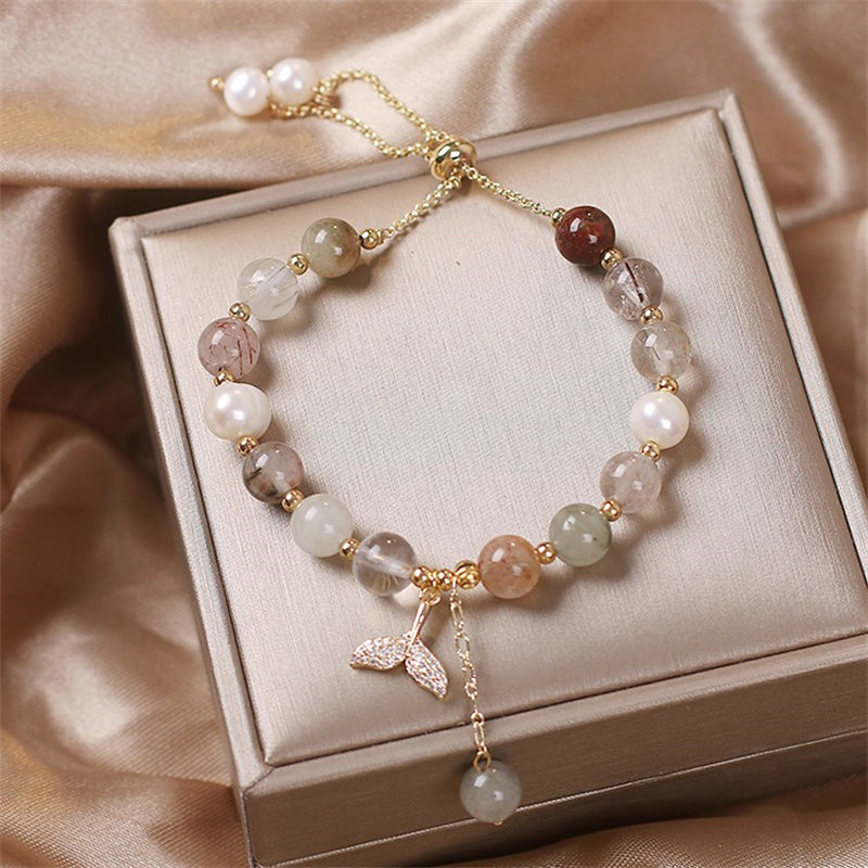 Wear FengShui Strawberry Quartz Rutilated Quartz Fishtail Charm Healing Bracelet