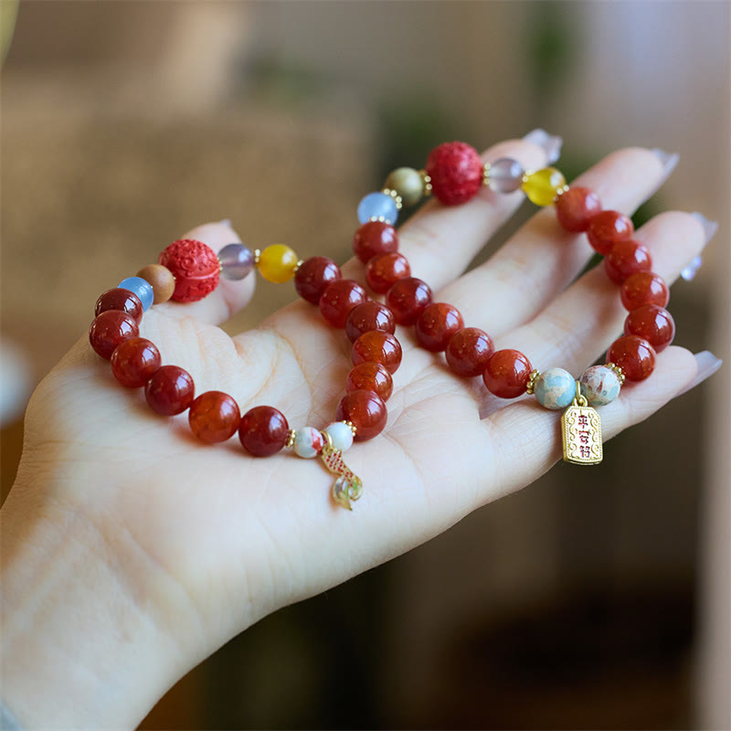 Wear FengShui Natural Red Agate Peace Talisman Fu Character Dragon Tail Confidence Charm Bracelet