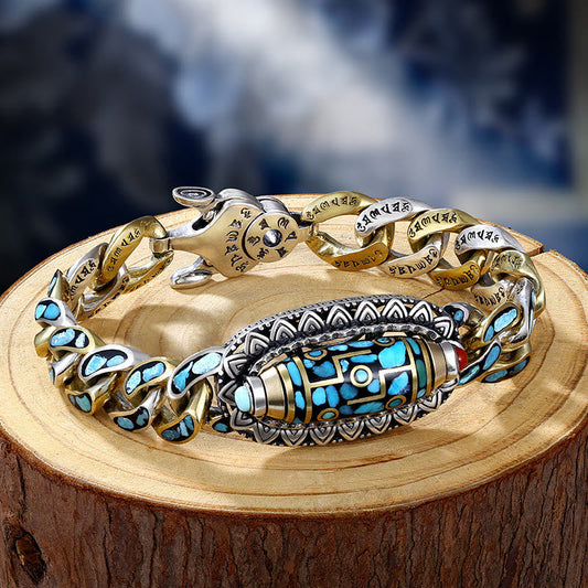 Wear FengShui Tibetan Nine-Eye Dzi Bead Om Mani Padme Hum Turquoise Protection Rotatable Bracelet