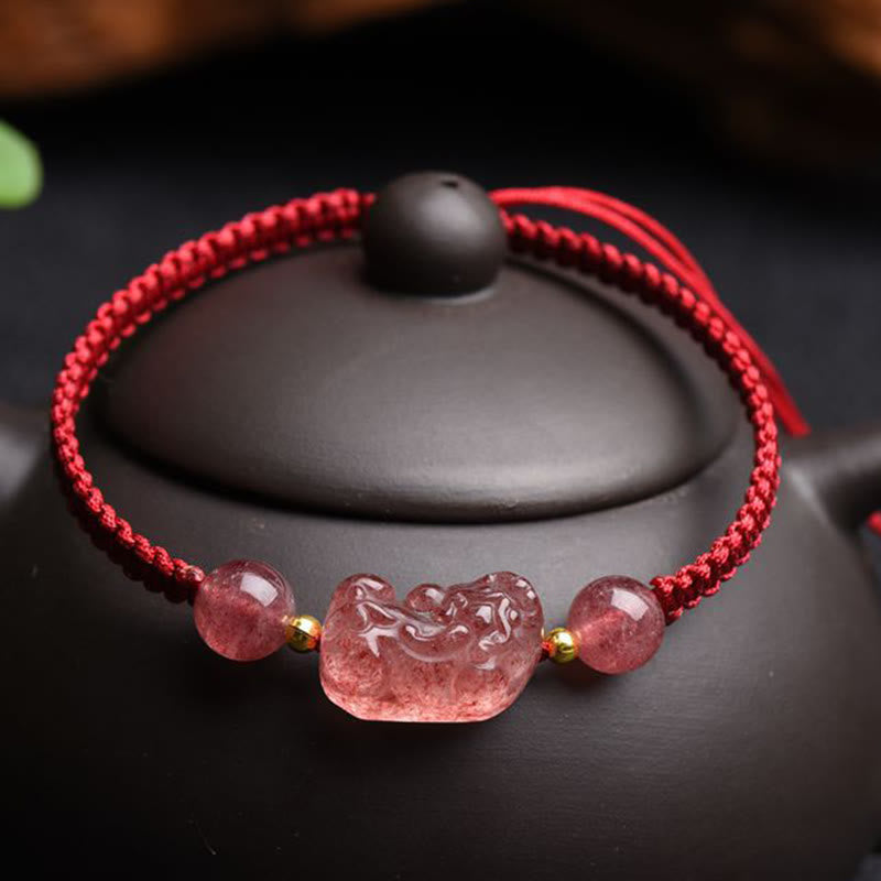Wear FengShui Natural Strawberry Quartz PiXiu Lucky Red String Bracelet