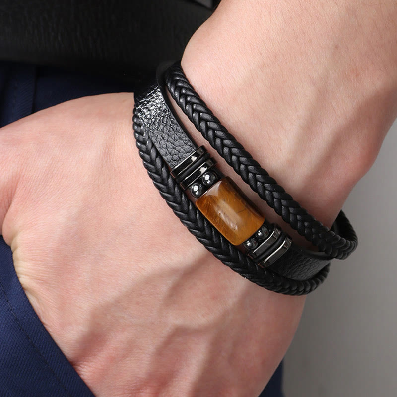 Wear FengShui Tiger Eye Power Magnetic Buckle Multilayered Leather Bracelet