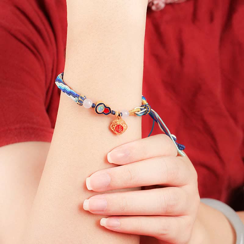 Wear FengShui 925 Sterling Silver Handmade Gourd Blessing String Reincarnation Knot Bracelet