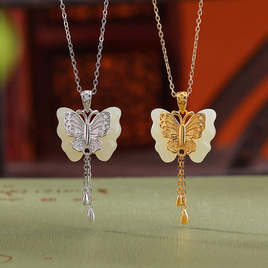 Wear FengShui 925 Sterling Silver Plated Gold Hetian White Jade Butterfly Blessing Necklace Pendant