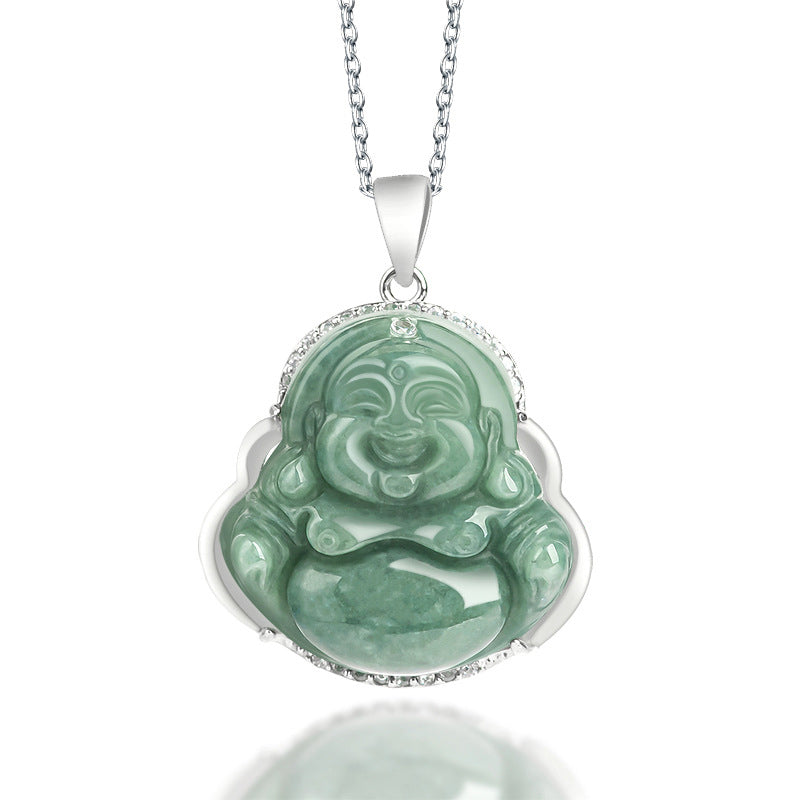 Wear FengShui Laughing Buddha Jade Abundance Necklace Titanium Steel Chain Pendant