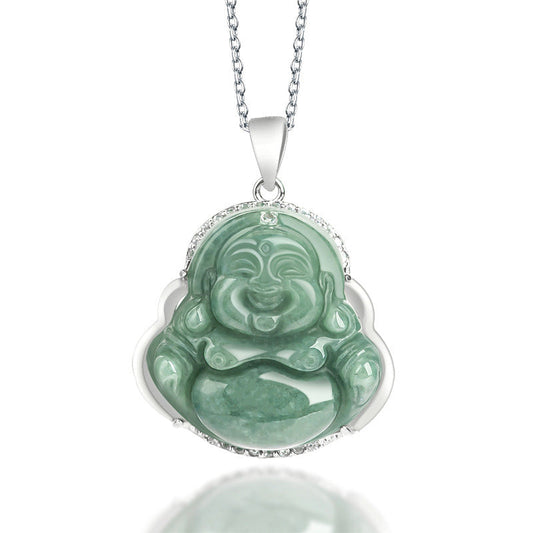 Wear FengShui Laughing Buddha Jade Abundance Necklace Titanium Steel Chain Pendant