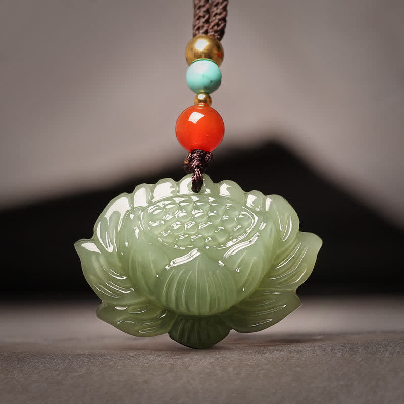 Wear FengShui Hetian Cyan Jade Lotus Flower Success Necklace Pendant