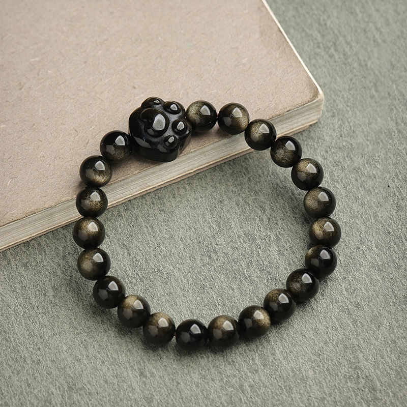 Wear FengShui Gold Sheen Obsidian Silver Sheen Obsidian Lovely Paw Lucky Cat Protection Bracelet