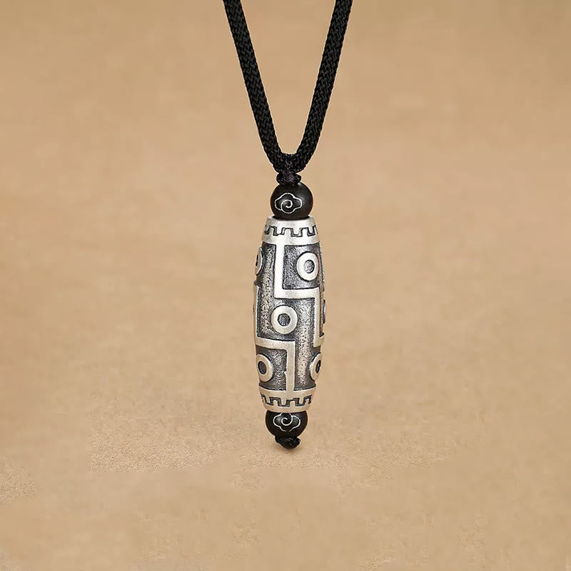 Wear FengShui Tibet Nine-Eye Dzi Bead Pattern Copper Auspicious Clouds Wealth Necklace Pendant