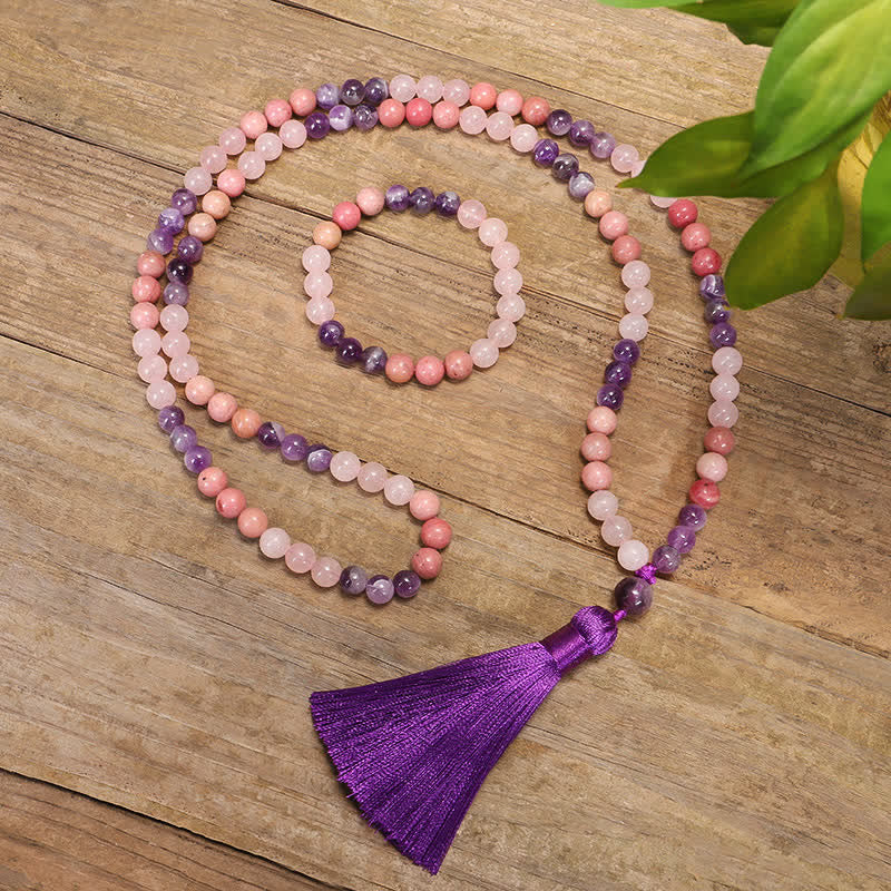 Wear FengShui 108 Mala Beads Amethyst Rose Quartz Spiritual Healing Tassel Bracelet