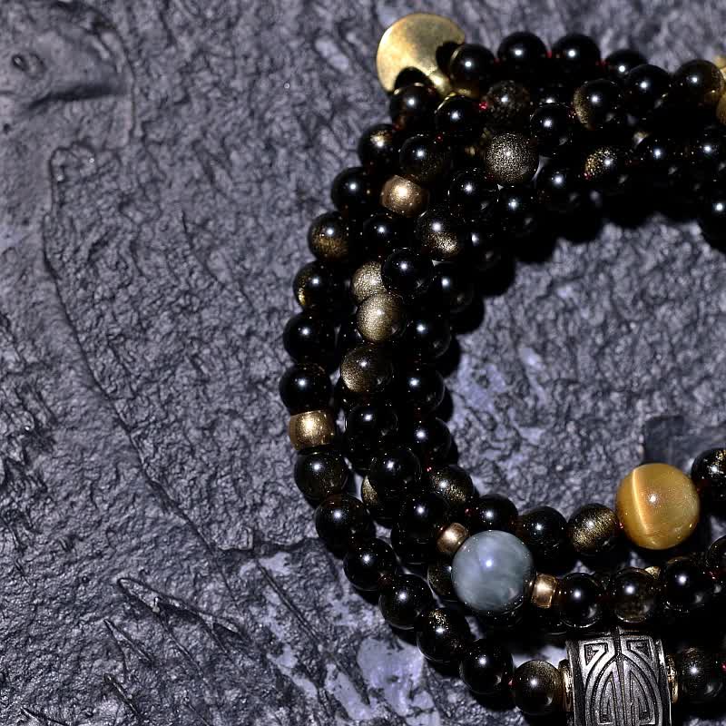 Wear FengShui 108 Mala Beads Gold Sheen Obsidian Tiger Eye Eagle's Eye Stone Wealth Bracelet