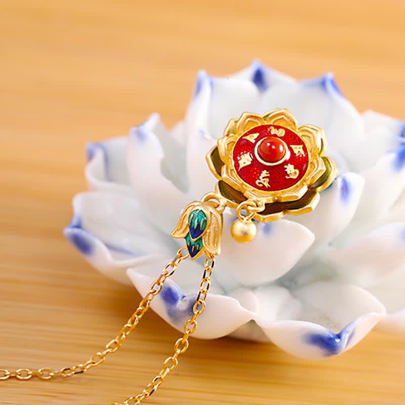 Wear FengShui 925 Sterling Silver Tibet Lotus Prayer Wheel Red Agate Enlightenment Necklace Pendant