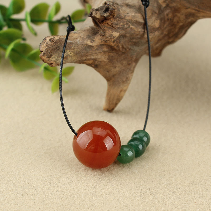 Wear FengShui Red Agate Green Aventurine Green Bodhi Seed Bead Calm Leather Rope Necklace Pendant
