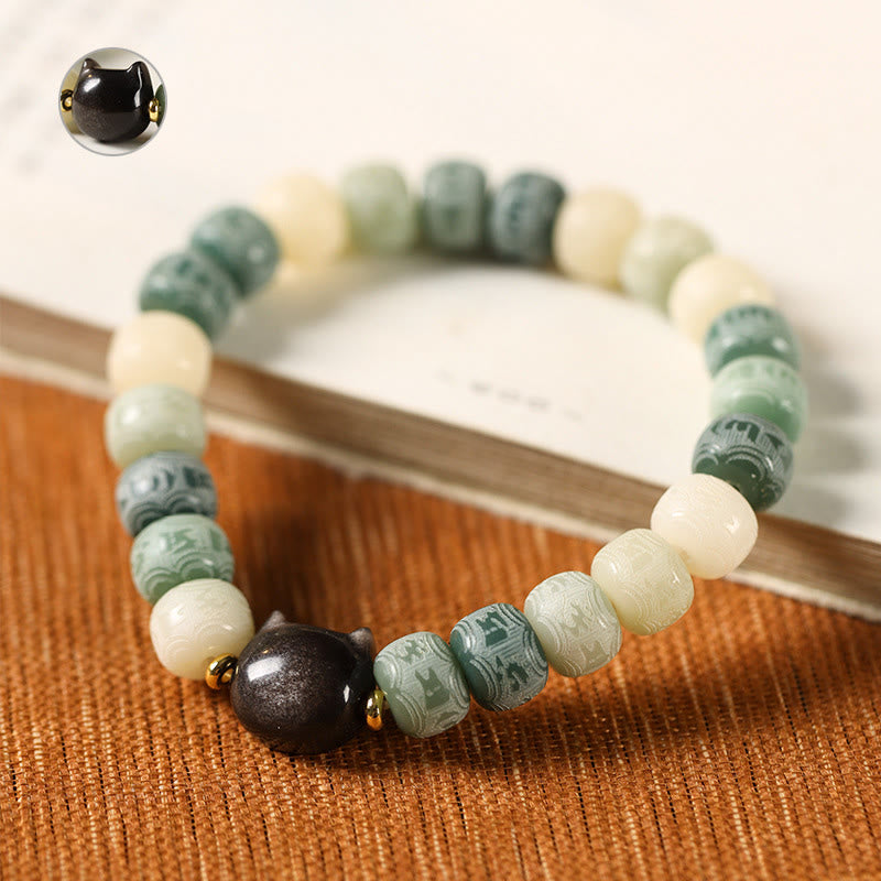 Wear FengShui Bodhi Seed Silver Sheen Obsidian Cat Head Om Mani Padme Hum Engraved Harmony Bracelet