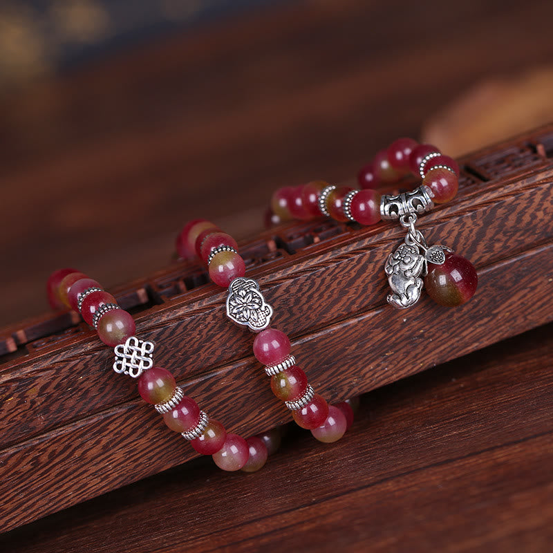 Wear FengShui Natural Watermelon Tourmaline PiXiu Elephant Positive Triple Wrap Bracelet