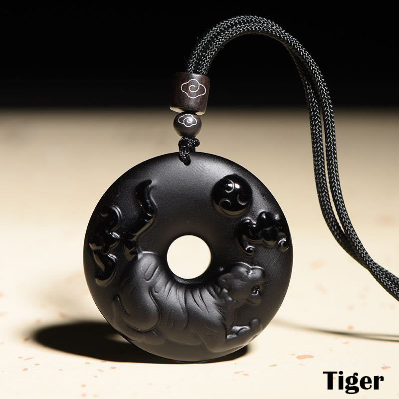 Wear FengShui Chinese Zodiac Natural Black Obsidian Peace Buckle Strength Necklace Pendant