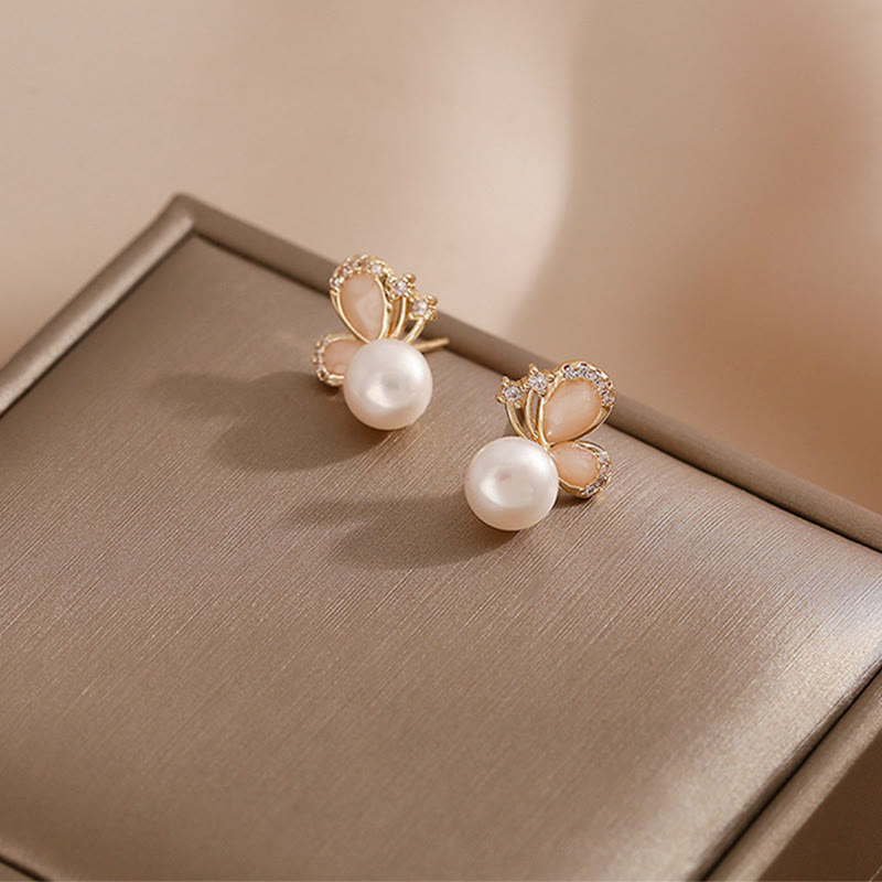 Wear FengShui 18k Gold Plated Pearl Butterfly Love Freedom Stud Earrings