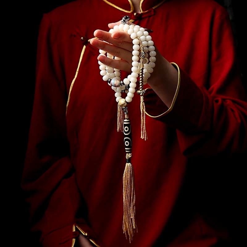 Wear FengShui Tibet 108 Mala Beads Bodhi Seed Bagua Vajra Dzi Bead Gray Agate Wealth Bracelet