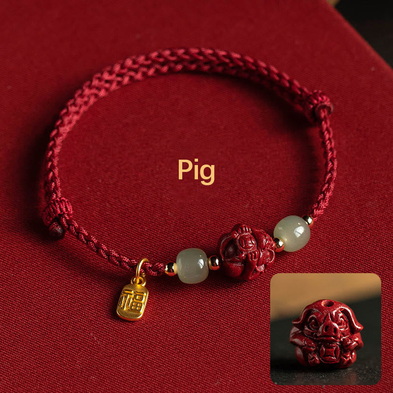 Wear FengShui Natural Cinnabar Chinese Zodiac Hetian Jade Fu Character Luck Rope Bracelet