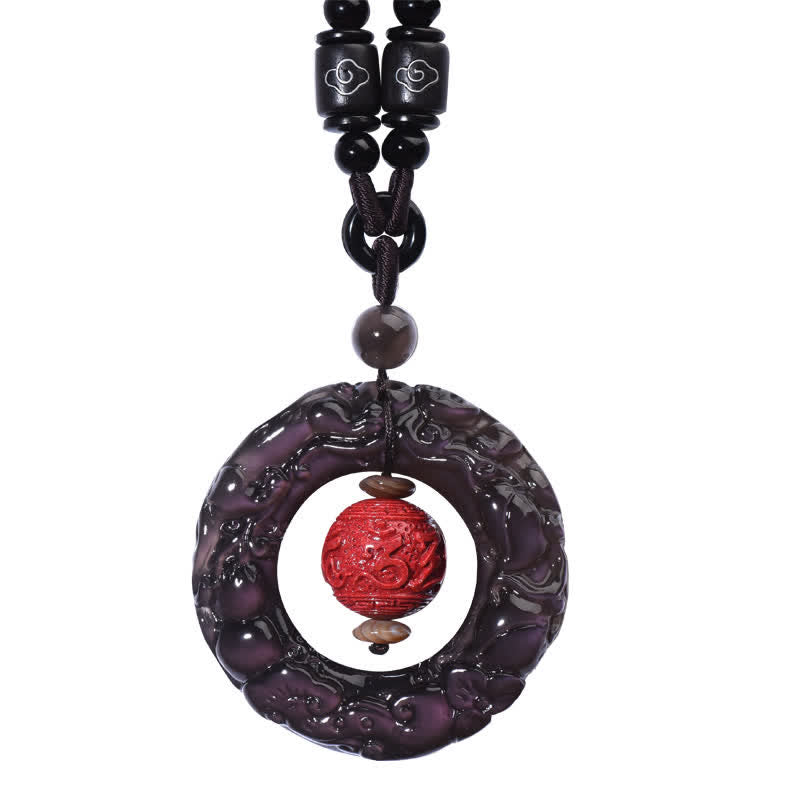Wear FengShui FengShui Natural Rainbow Obsidian PiXiu Cinnabar Healing Necklace Pendant
