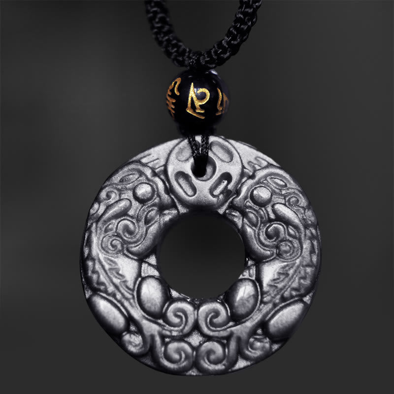 Wear FengShui Natural Silver Sheen Obsidian Double PiXiu Copper Coin Peace Buckle Protection Necklace Pendant