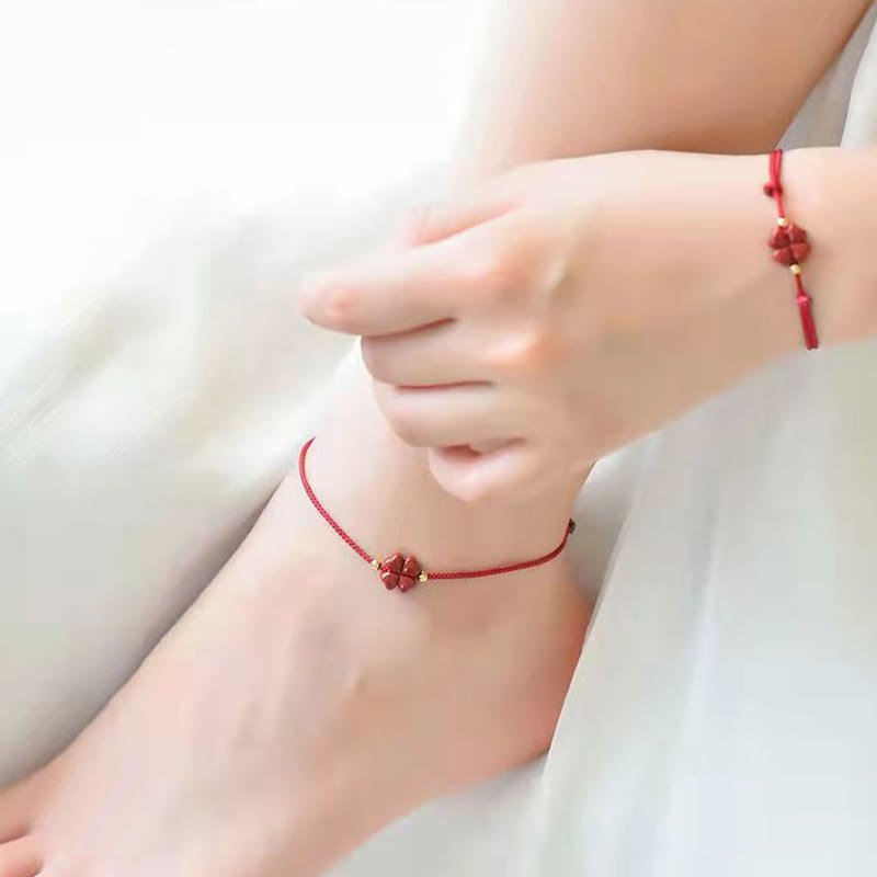 Wear FengShui Natural Cinnabar Four Leaf Clover Blessing Red String Bracelet Anklet