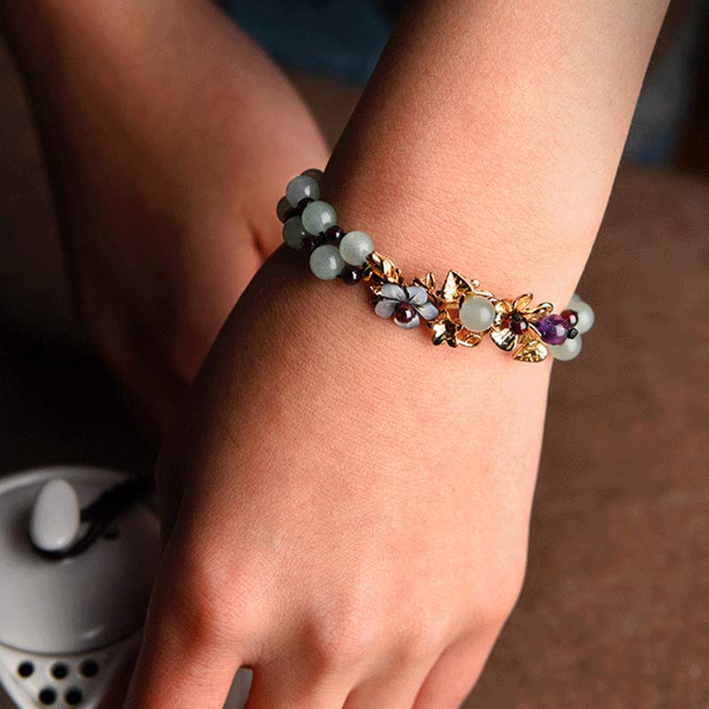 Wear FengShui Green Aventurine Garnet Bead Flower Petal Luck Bracelet