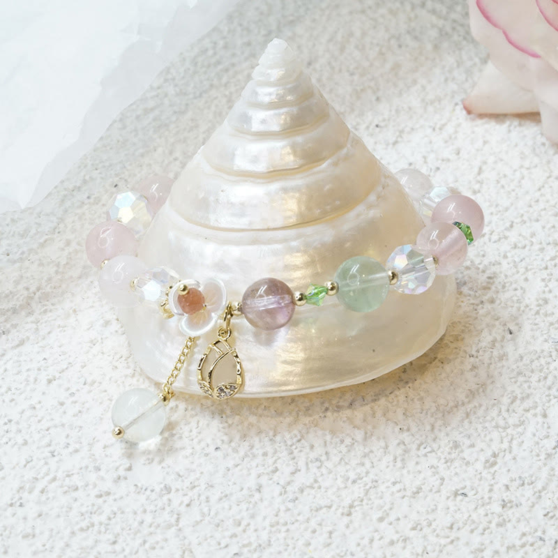 Wear FengShui Strawberry Quartz Rutilated Quartz Fluorite Flower Healing Bracelet