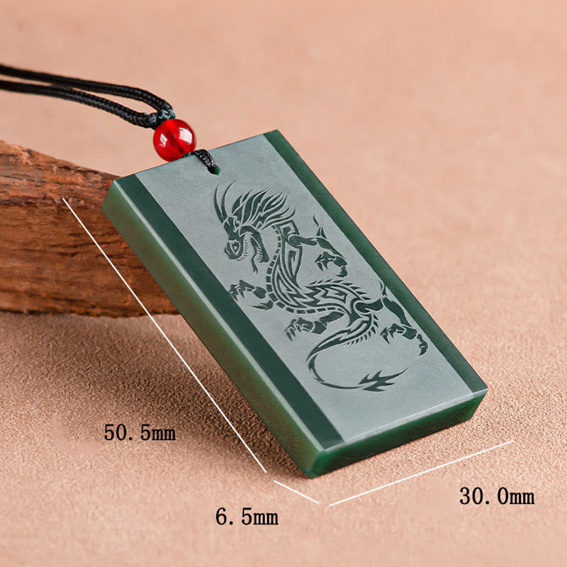 Wear FengShui Hetian Cyan Jade Dragon Engraved Success Necklace Pendant